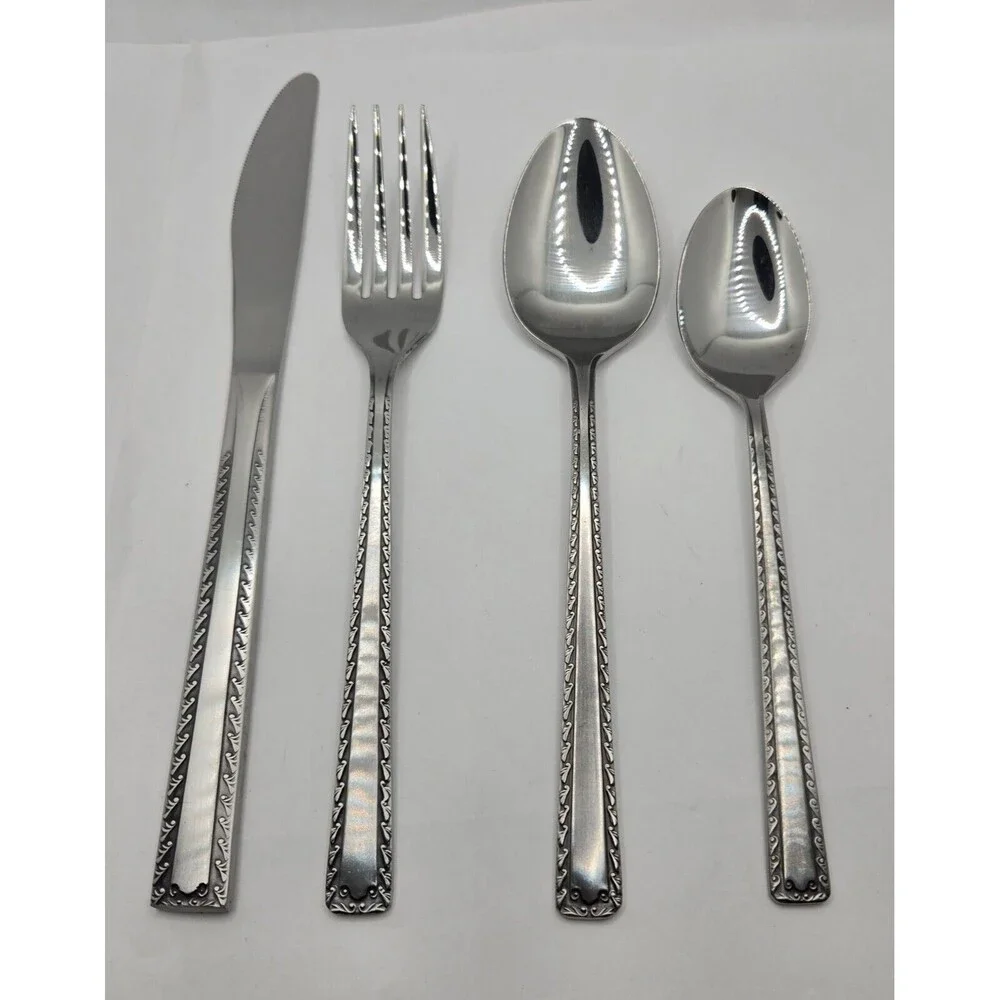 Watertown Stainless Japan Burnished Scroll Edge Black Accent 4 PC Silverware